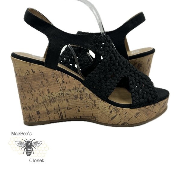 SO Taffy Wedge Heel Sandals Women's Woven Peep Toe With Cork Heel Size 8.5 Black - Picture 10 of 14